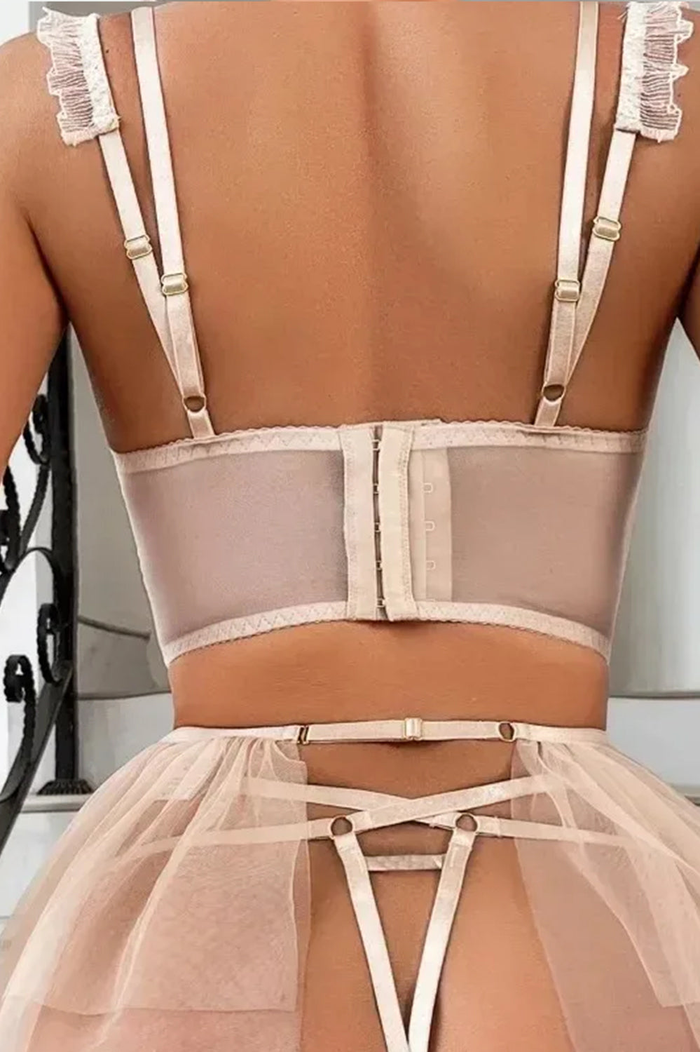 Champagne Lace Corset Lingerie Set with Skirt – Royal Allure Edition