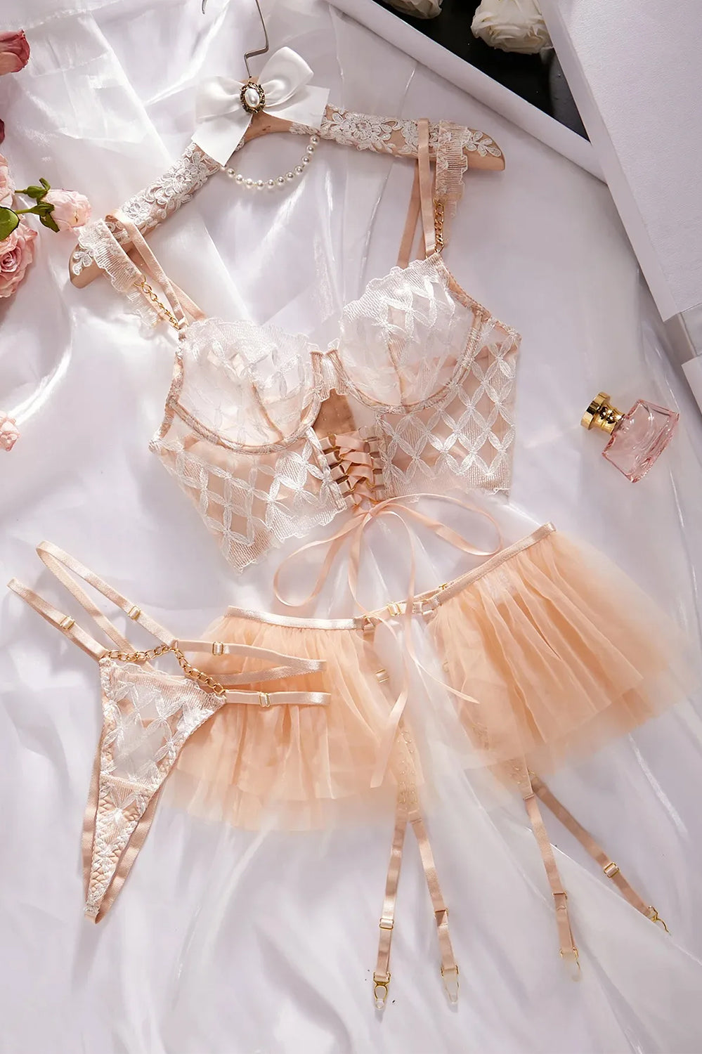 Champagne Lace Corset Lingerie Set with Skirt – Royal Allure Edition