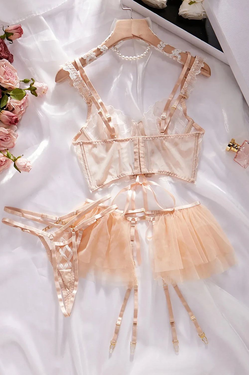 Champagne Lace Corset Lingerie Set with Skirt – Royal Allure Edition