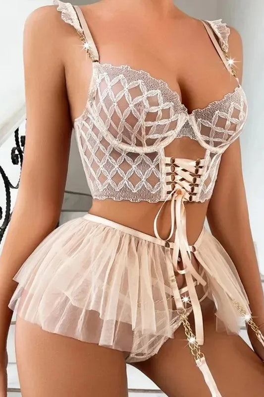 Champagne Lace Corset Lingerie Set with Skirt – Royal Allure Edition