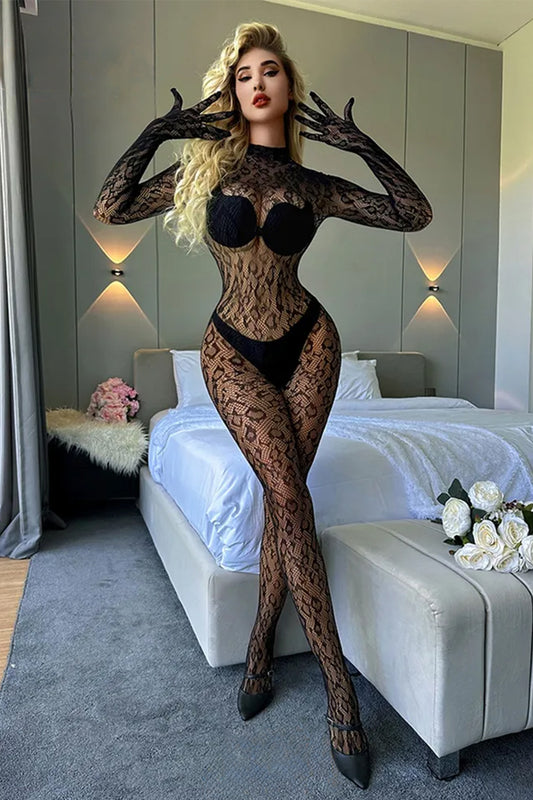 Elegant Full Lace Bodystocking – Long Sleeve Mesh Seduction