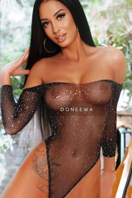 Sparkling Rhinestone Fishnet Bodysuit – Glamour Mesh Seduction