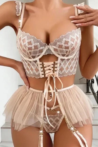 Champagne Lace Corset Lingerie Set with Skirt – Royal Allure Edition
