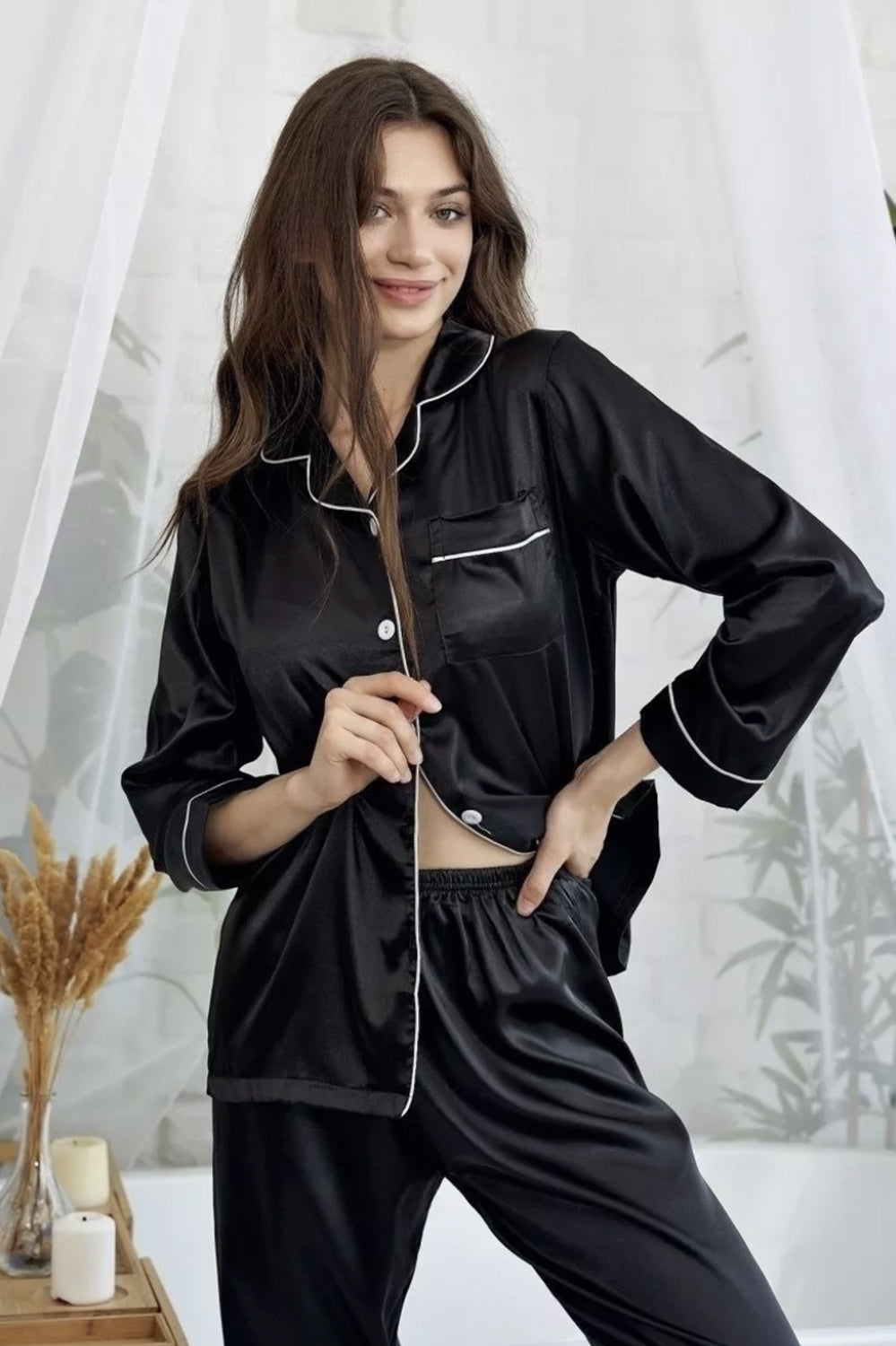 Classic Satin Elegance Long Sleeve Pajama Set – Timeless Comfort