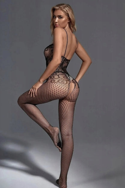 Secret Desire Lace & Fishnet Bodystocking with Satin Bow – Black Temptation
