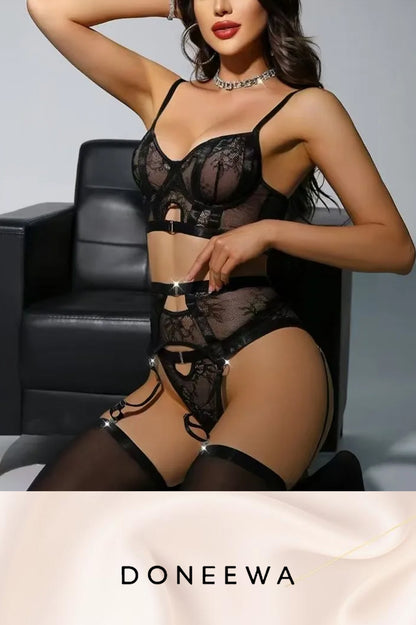 Sexy Black Lace Lingerie Set for Women with Garter Belt for Wedding Valentine's Day