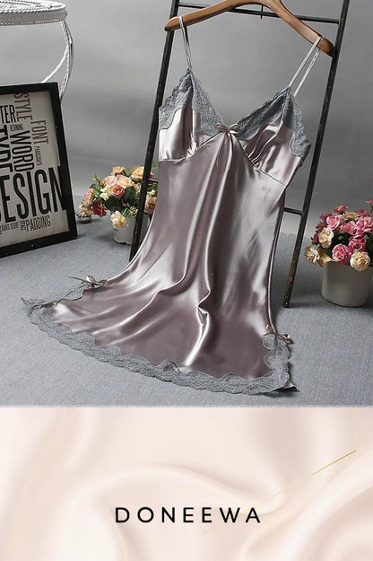 Satin Elegance Lace-Trimmed Nightdress with Bow Detail – Soft Romance