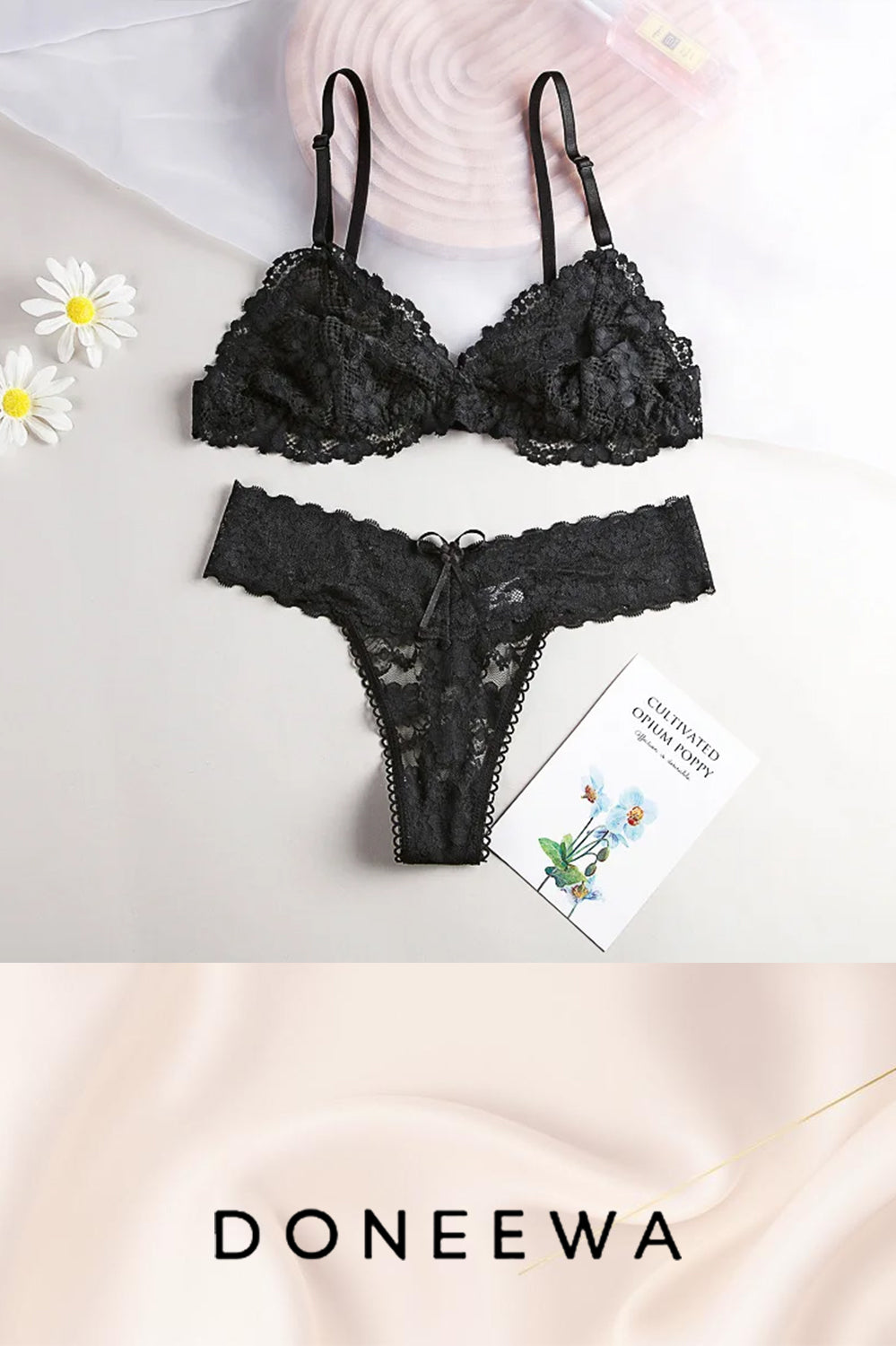 Satin Lace Triangle Bra & Thong Set – Midnight Temptation Collection