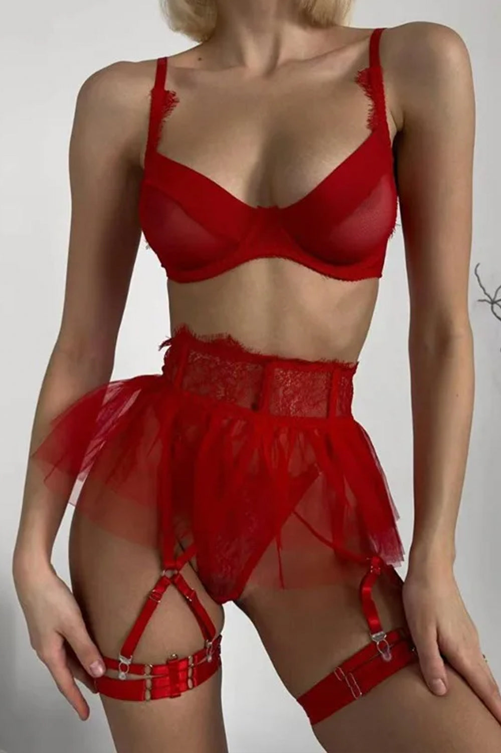 Seductive Mesh & Tulle Garter Lingerie Set – Black & Red Temptation
