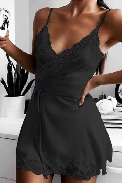 Velvet Temptation Lace-Trim Babydoll Dress with Satin Bow – Midnight Romance