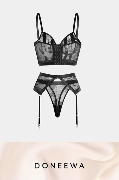 Sexy Black Lace Lingerie Set for Women with Garter Belt for Wedding Valentine's Day