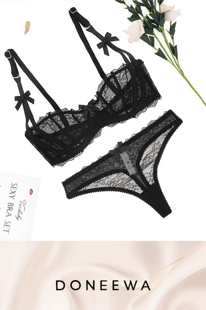 Lace Mesh Bra & Panty Set with Satin Bows – Elegant Allure Collection