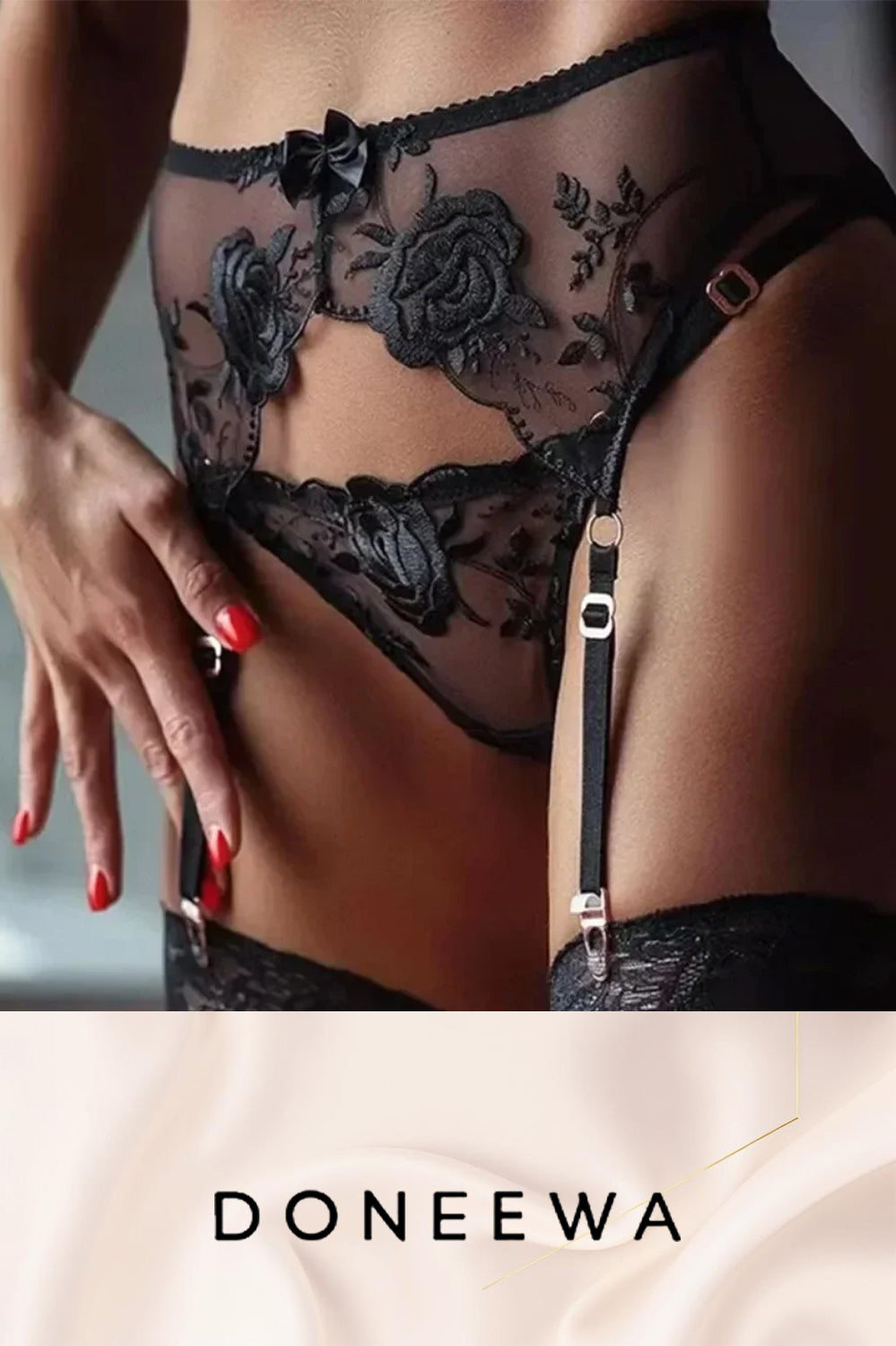 Lace Rose Embroidered Garter Lingerie Set – Sheer Elegance Bloom