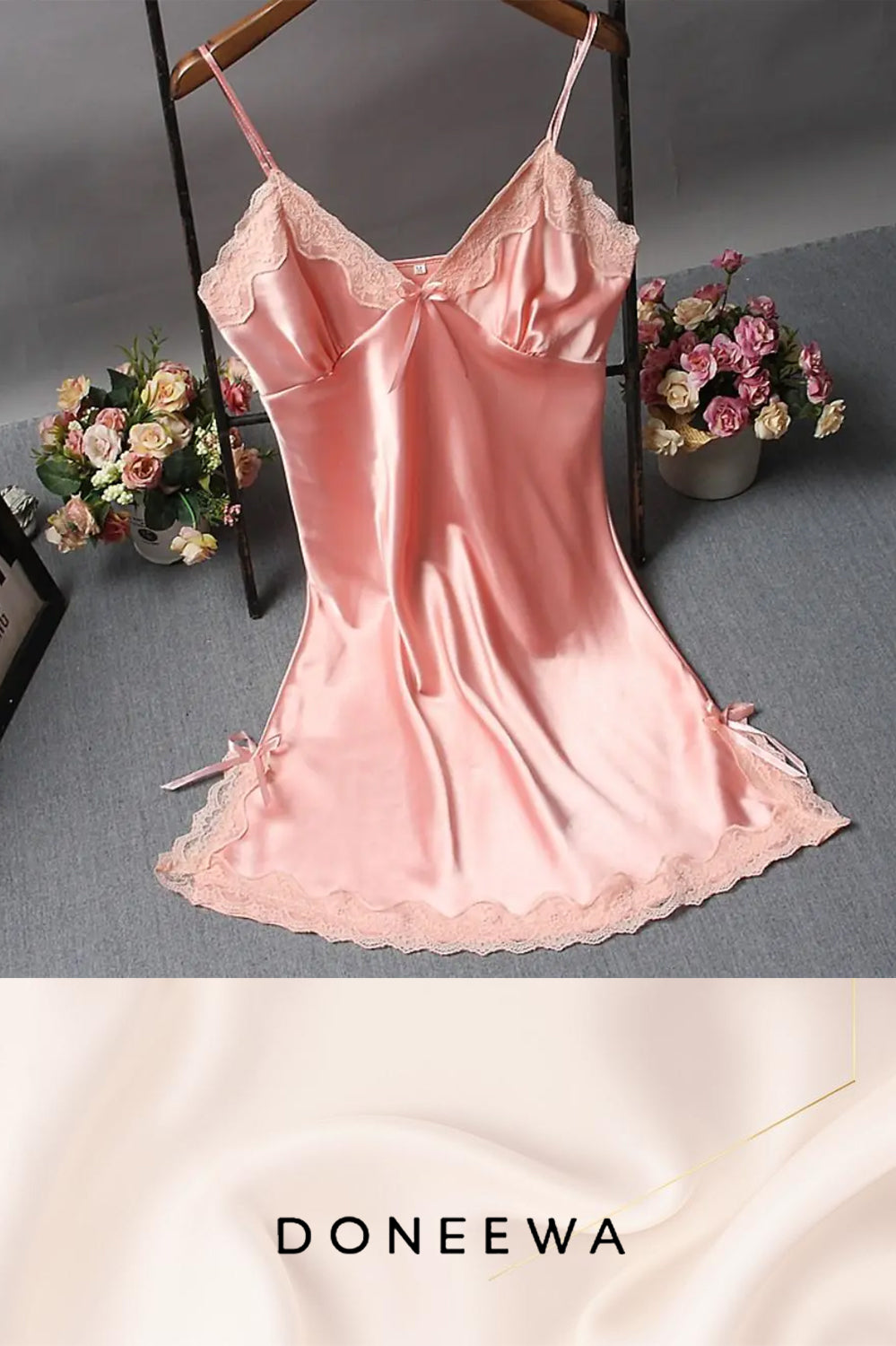 Satin Elegance Lace-Trimmed Nightdress with Bow Detail – Soft Romance