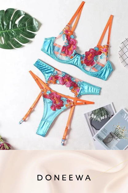 Turquoise Satin & Embroidered Floral Lingerie Set – Exotic Bloom Edition