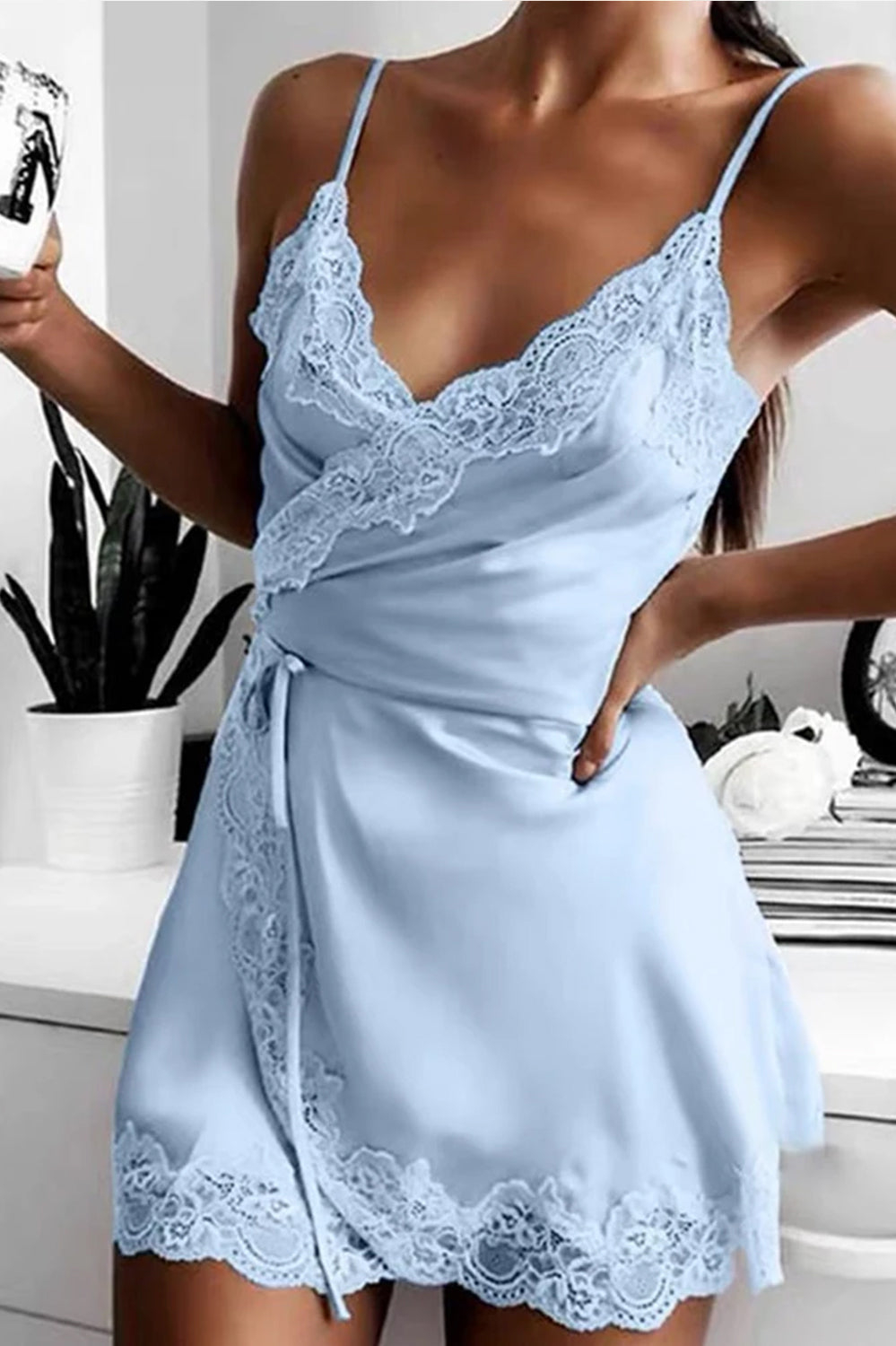 Velvet Temptation Lace-Trim Babydoll Dress with Satin Bow – Midnight Romance