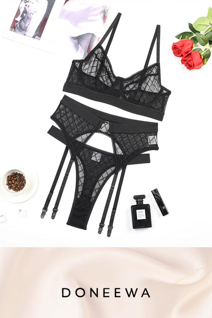 Black Mesh Geometric Lace Lingerie Set – Midnight Grid Edition