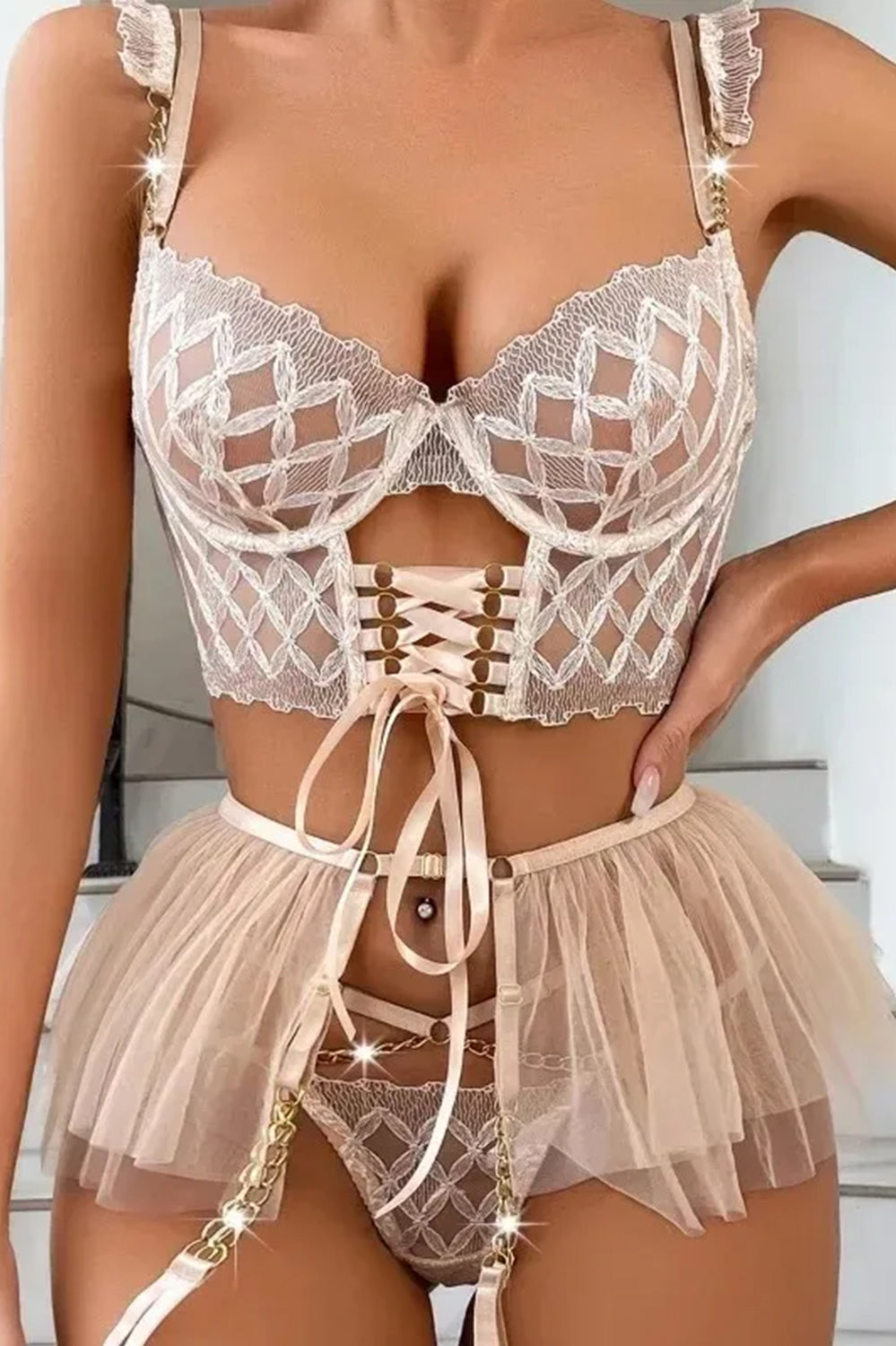 Champagne Lace Corset Lingerie Set with Skirt – Royal Allure Edition