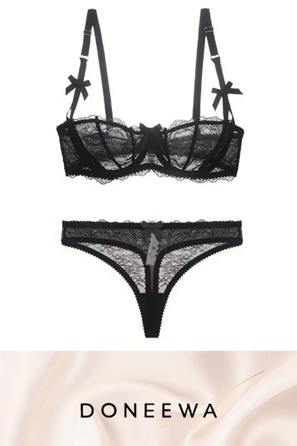 Lace Mesh Bra & Panty Set with Satin Bows – Elegant Allure Collection