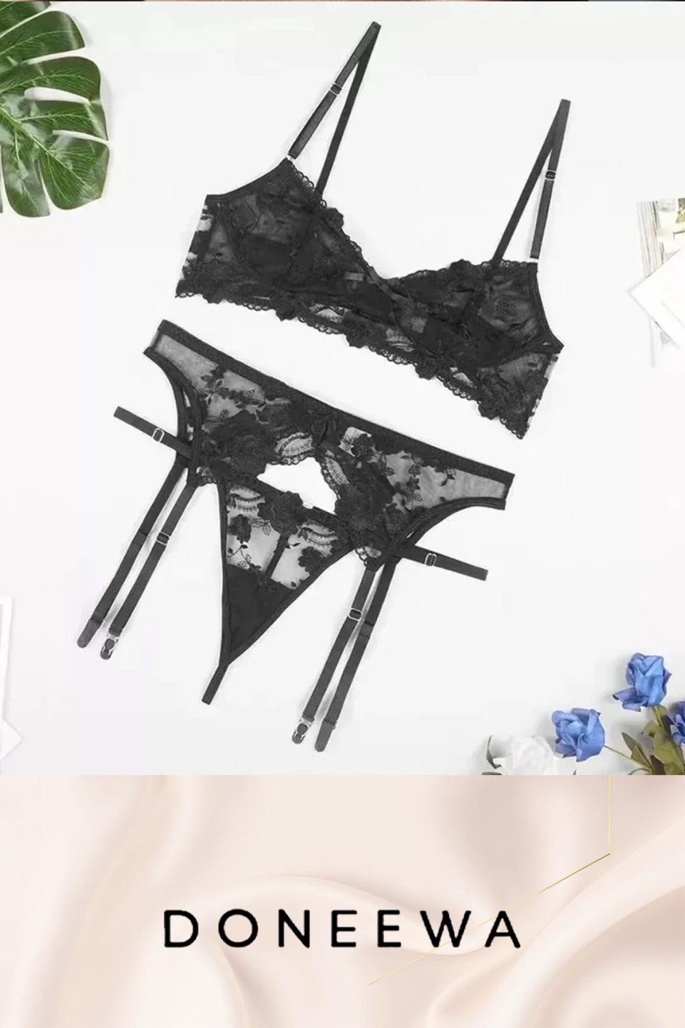 Lace Rose Embroidered Garter Lingerie Set – Sheer Elegance Bloom