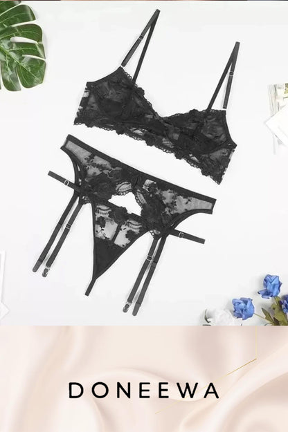 Lace Rose Embroidered Garter Lingerie Set – Sheer Elegance Bloom