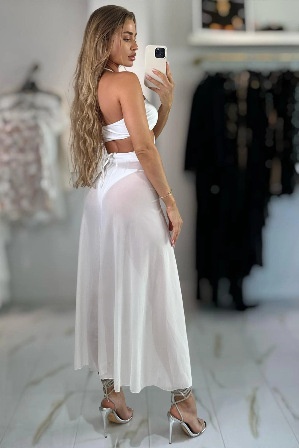 Pearl Mirage Satin Bikini Set with Sheer Maxi Skirt – Black & White Allure