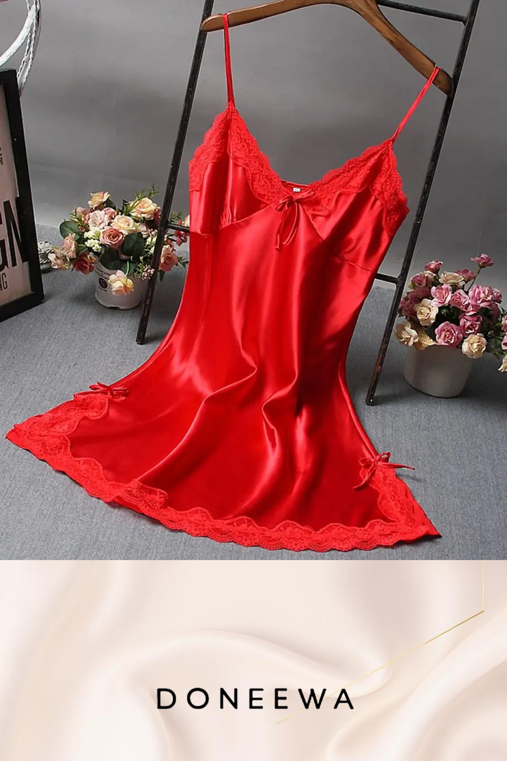 Satin Elegance Lace-Trimmed Nightdress with Bow Detail – Soft Romance