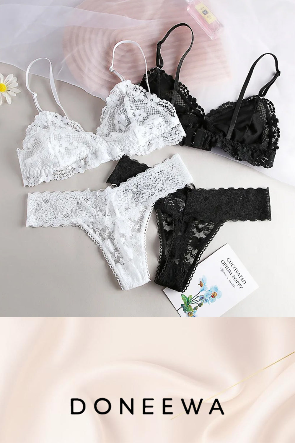 Satin Lace Triangle Bra & Thong Set – Midnight Temptation Collection