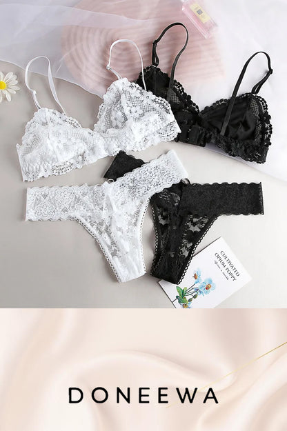 Satin Lace Triangle Bra & Thong Set – Midnight Temptation Collection