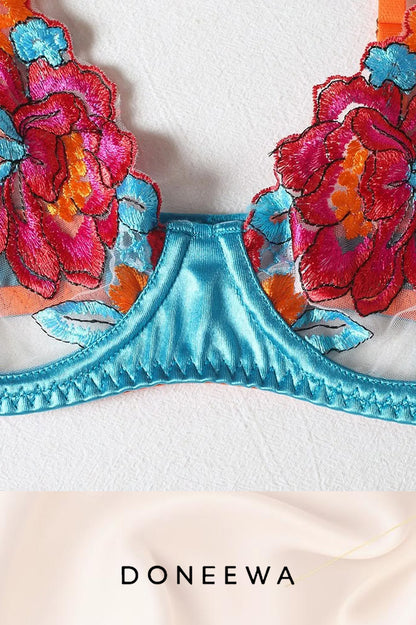 Turquoise Satin & Embroidered Floral Lingerie Set – Exotic Bloom Edition