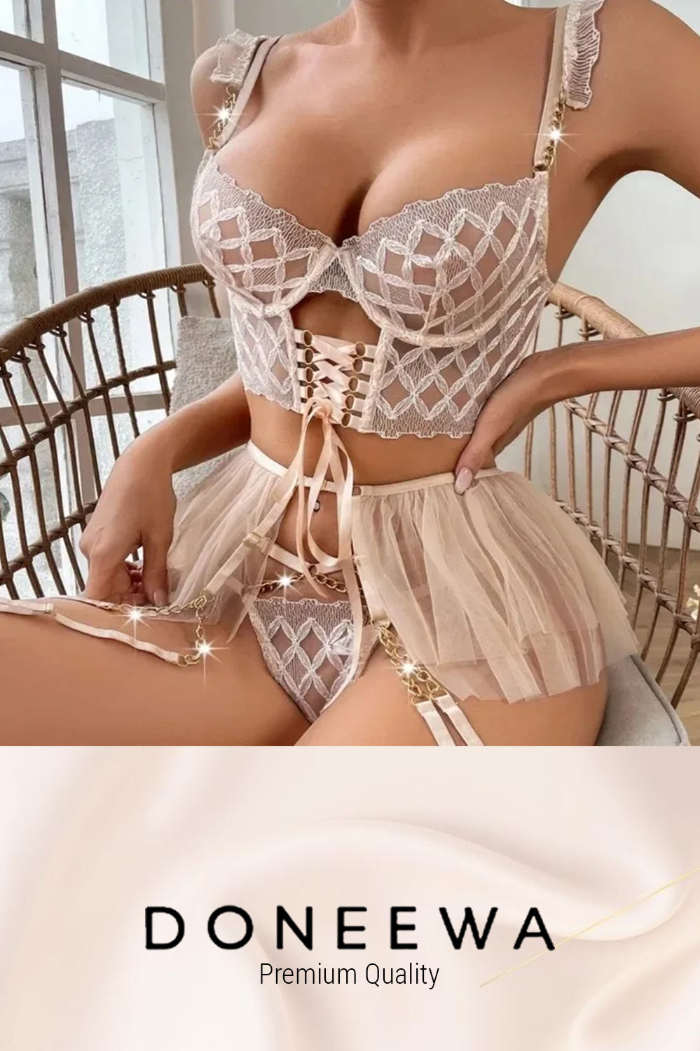 Champagne Lace Corset Lingerie Set with Skirt – Royal Allure Edition