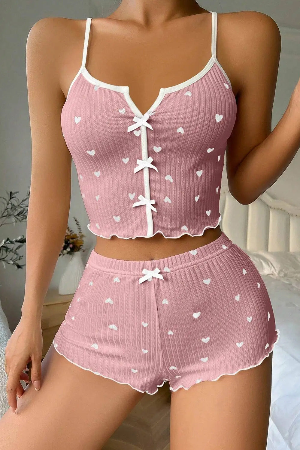 Playful Hearts Ribbed Cotton Pajama Set – Sweet Crush Edition