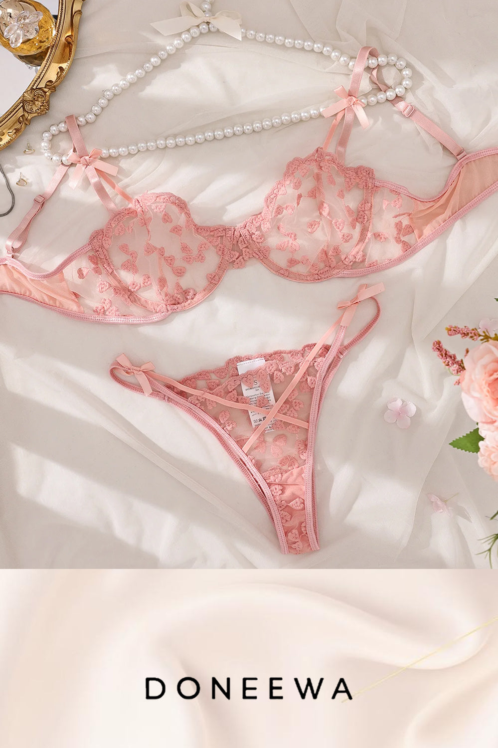 Romantic Blossom Mesh Lingerie Set with 3D Floral Appliqué – Blush Pink Seduction