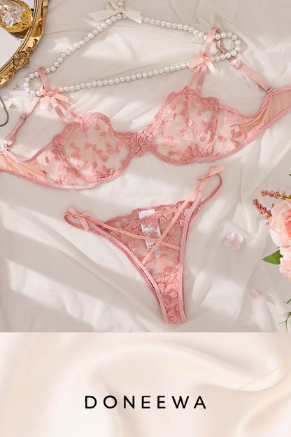Romantic Blossom Mesh Lingerie Set with 3D Floral Appliqué – Blush Pink Seduction