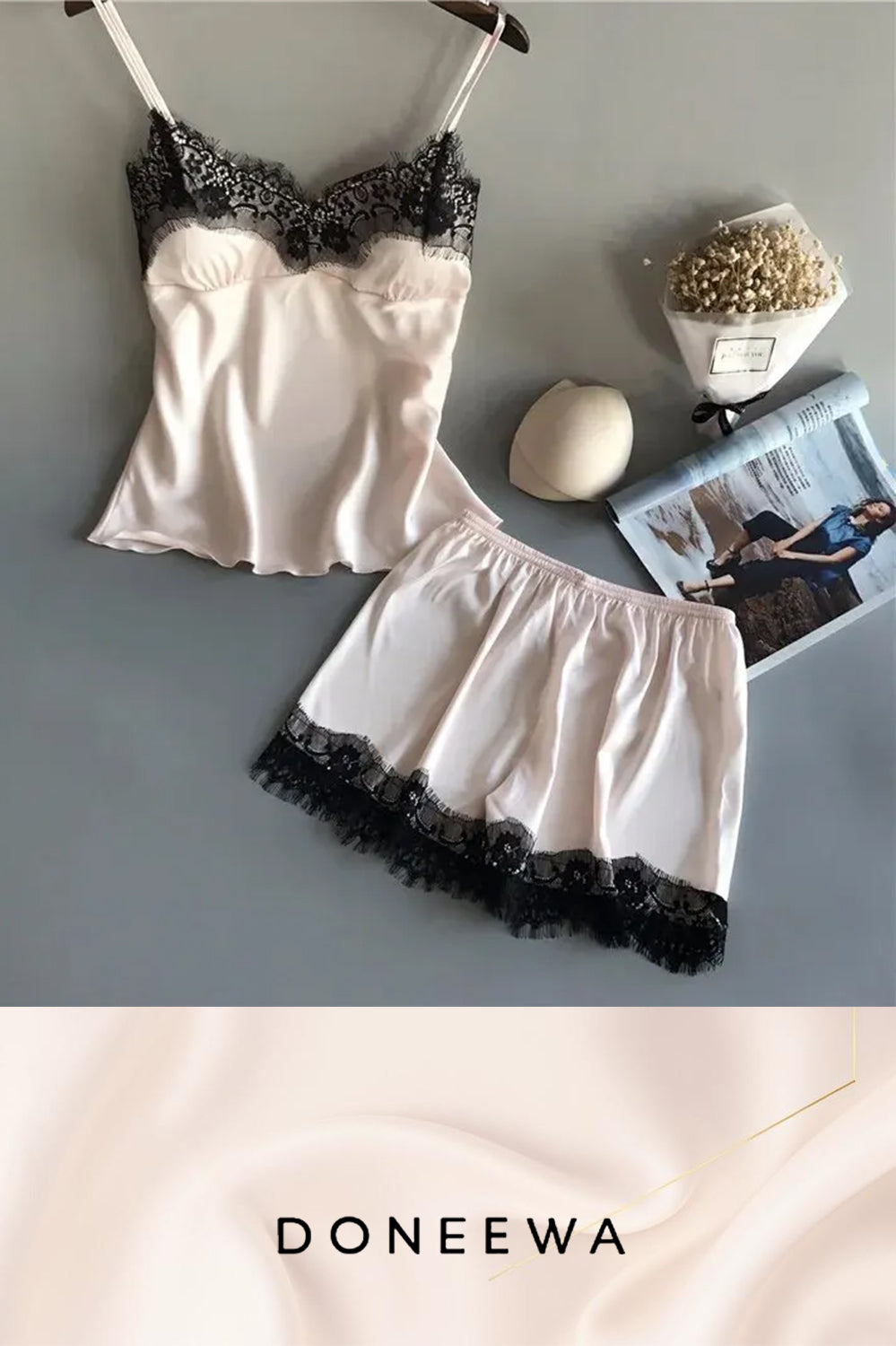 Satin Allure Lace-Trimmed Pajama Set – Midnight Bloom