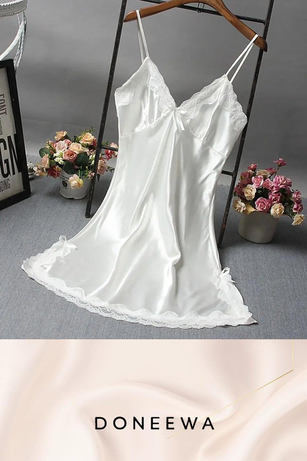 Satin Elegance Lace-Trimmed Nightdress with Bow Detail – Soft Romance