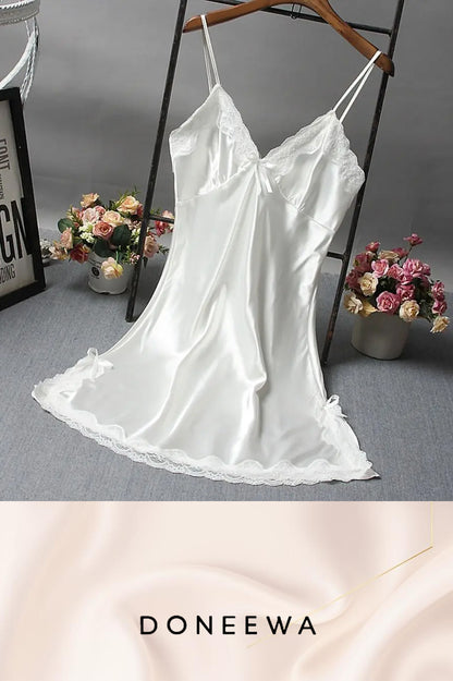 Satin Elegance Lace-Trimmed Nightdress with Bow Detail – Soft Romance