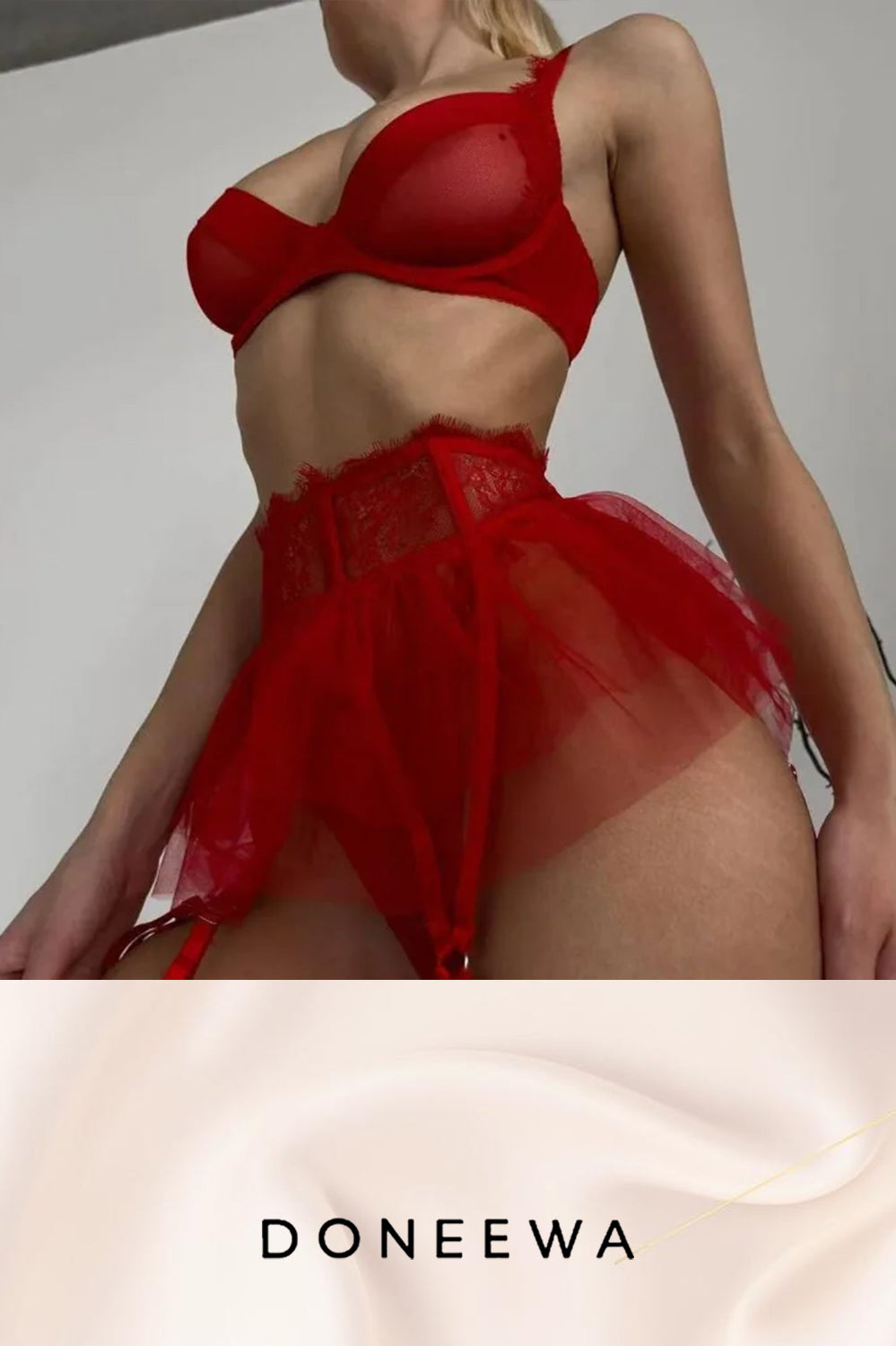 Seductive Mesh & Tulle Garter Lingerie Set – Black & Red Temptation