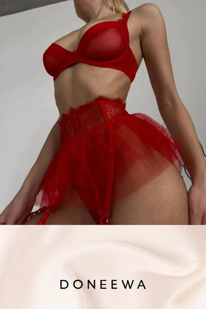 Seductive Mesh & Tulle Garter Lingerie Set – Black & Red Temptation