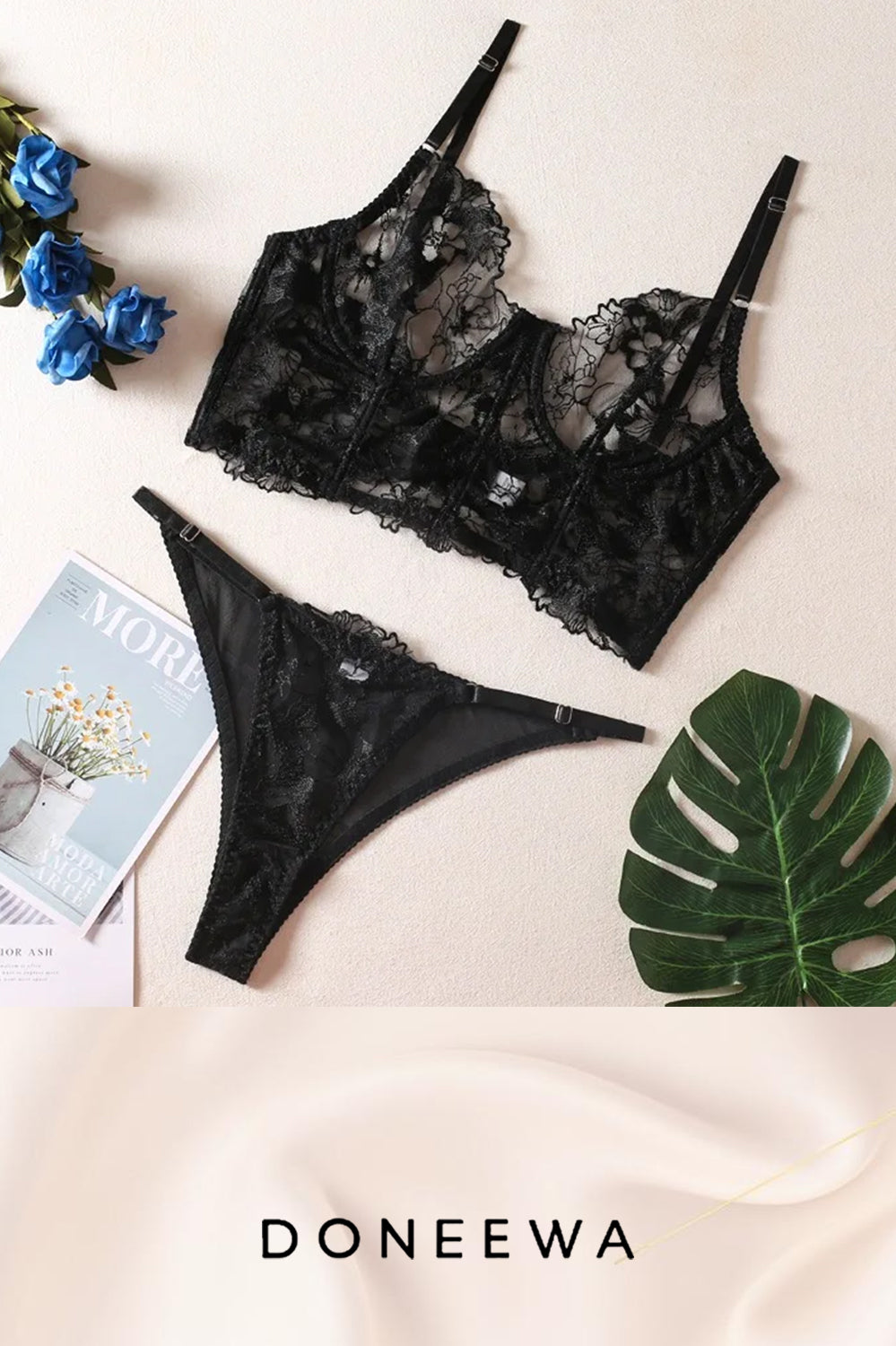 Lace Corset Lingerie Set with Floral Embroidery – Available in Black & White