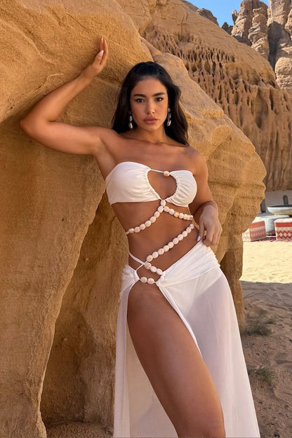 Pearl Mirage Satin Bikini Set with Sheer Maxi Skirt – Black & White Allure