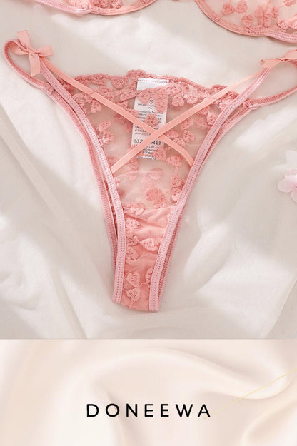Romantic Blossom Mesh Lingerie Set with 3D Floral Appliqué – Blush Pink Seduction