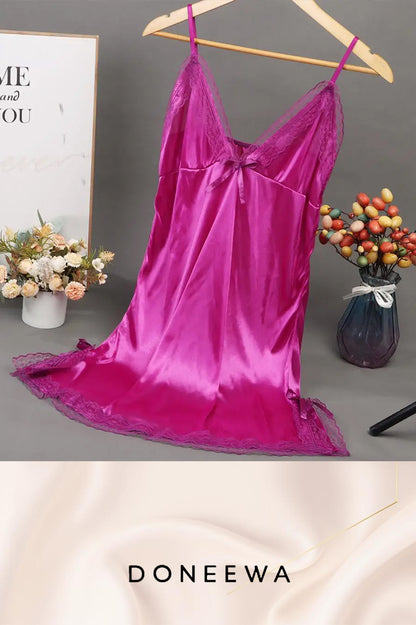 Satin Elegance Lace-Trimmed Nightdress with Bow Detail – Soft Romance