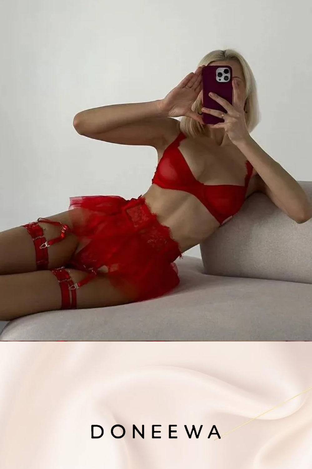 Seductive Mesh & Tulle Garter Lingerie Set – Black & Red Temptation