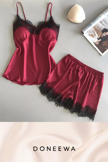 Satin Allure Lace-Trimmed Pajama Set – Midnight Bloom