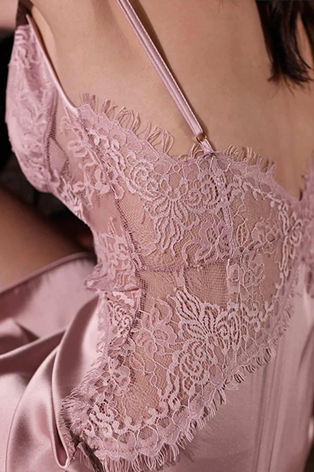 Satin Obsession Lace Panel Nightdress with Sheer Back – Moonlight Seduction