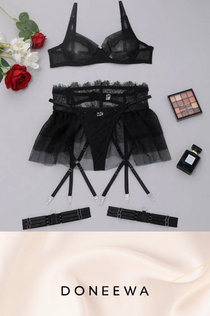 Seductive Mesh & Tulle Garter Lingerie Set – Black & Red Temptation