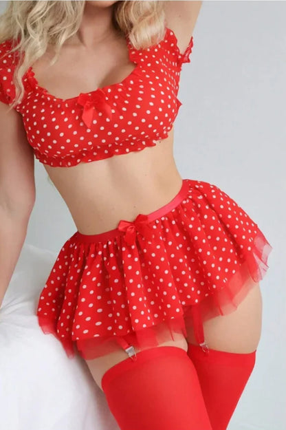 Polka Dot Garter Skirt Lingerie Set – Retro Pin-Up Charm