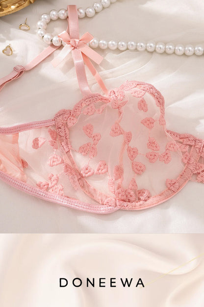 Romantic Blossom Mesh Lingerie Set with 3D Floral Appliqué – Blush Pink Seduction