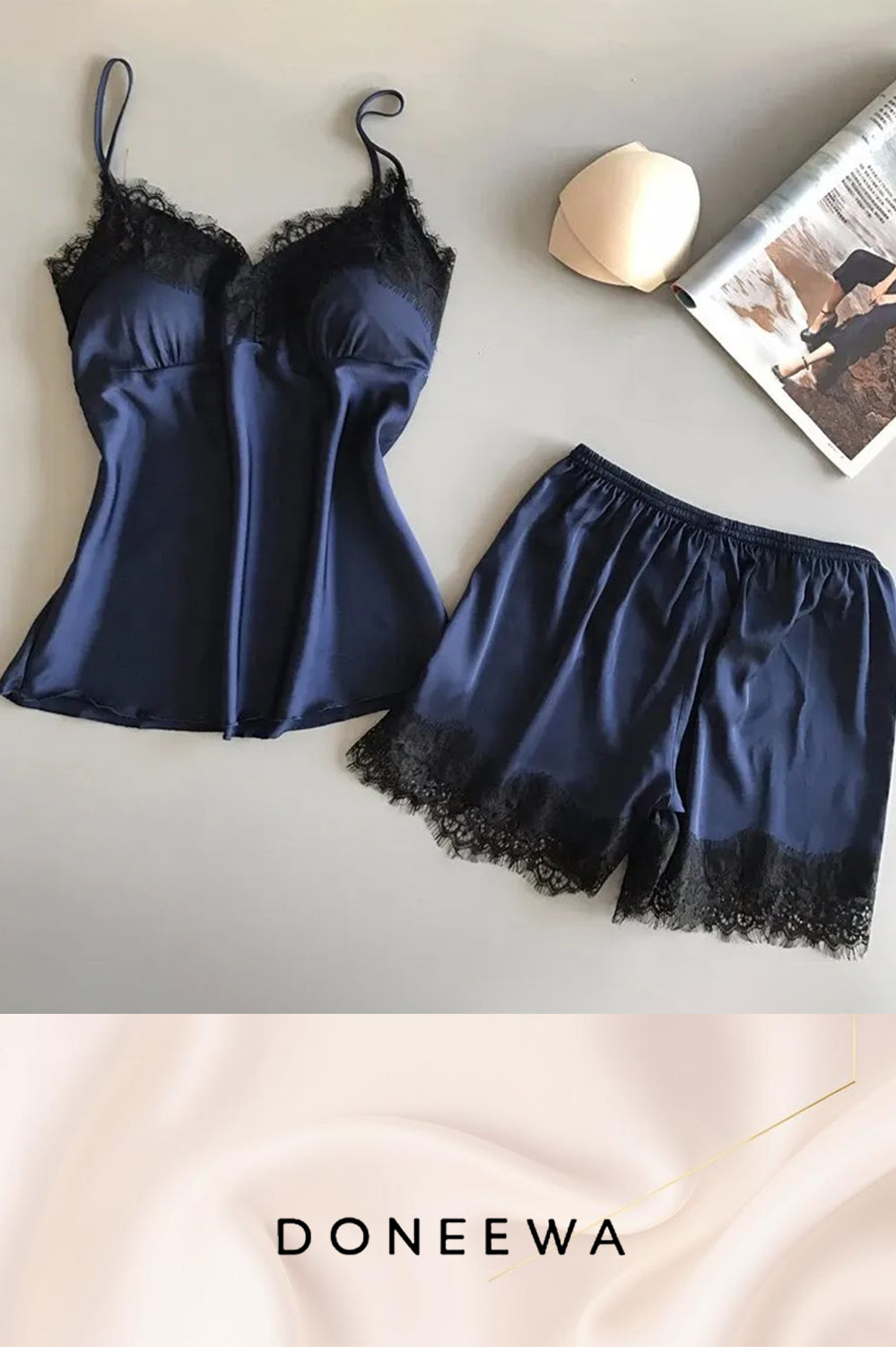 Satin Allure Lace-Trimmed Pajama Set – Midnight Bloom